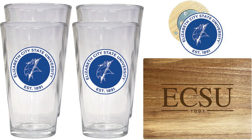 Elizabeth City State University Officially Licensed Kitchen Gift Pack - Engraved Wood Cutting Board, 4 Pint Glasses & Magnetic Bottle Opener 