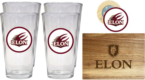 Elon University Officially Licensed Kitchen Gift Pack - Engraved Wood Cutting Board, 4 Pint Glasses & Magnetic Bottle Opener 