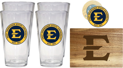East Tennessee State University Officially Licensed Kitchen Gift Pack - Engraved Wood Cutting Board, 4 Pint Glasses & Magnetic Bottle Opener 