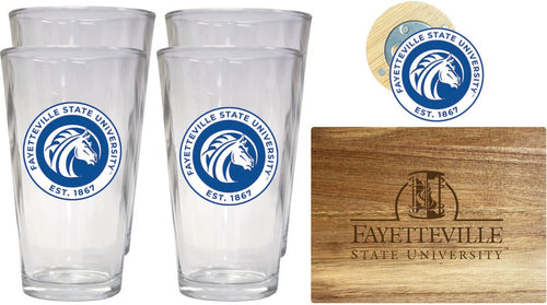 Fayetteville State University Officially Licensed Kitchen Gift Pack - Engraved Wood Cutting Board, 4 Pint Glasses & Magnetic Bottle Opener 