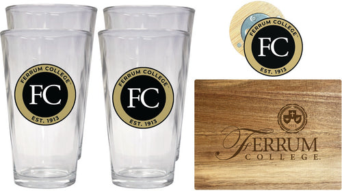 Ferrum College Officially Licensed Kitchen Gift Pack - Engraved Wood Cutting Board, 4 Pint Glasses & Magnetic Bottle Opener 