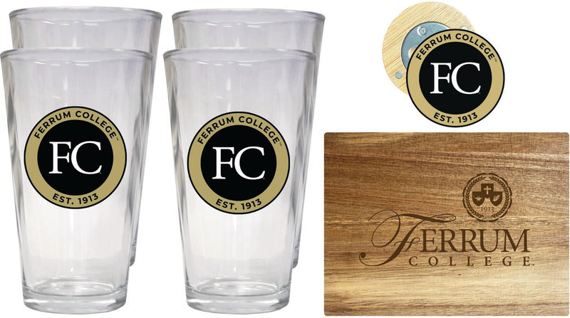 Ferrum College Officially Licensed Kitchen Gift Pack - Engraved Wood Cutting Board, 4 Pint Glasses & Magnetic Bottle Opener 