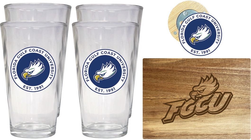 Florida Gulf Coast Eagles Officially Licensed Kitchen Gift Pack - Engraved Wood Cutting Board, 4 Pint Glasses & Magnetic Bottle Opener 