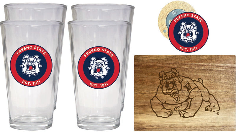 Fresno State Bulldogs Officially Licensed Kitchen Gift Pack - Engraved Wood Cutting Board, 4 Pint Glasses & Magnetic Bottle Opener 