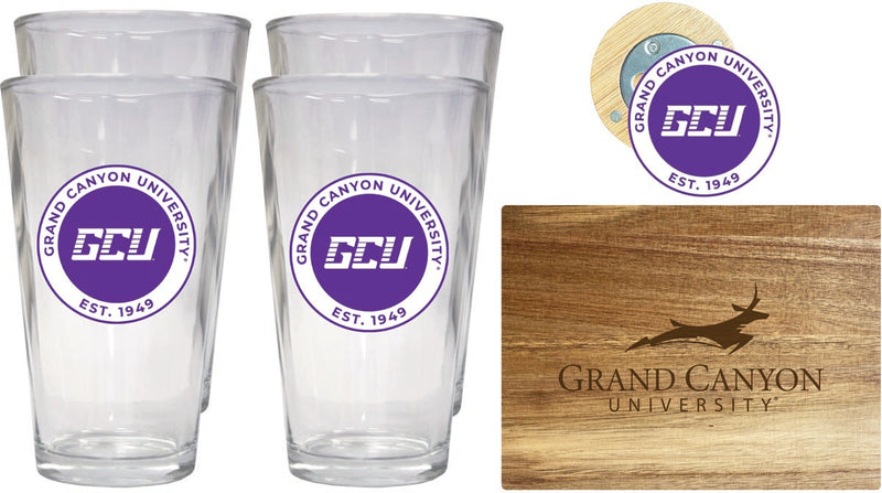 Grand Canyon University Lopes Officially Licensed Kitchen Gift Pack - Engraved Wood Cutting Board, 4 Pint Glasses & Magnetic Bottle Opener 