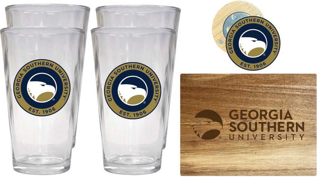 Georgia Southern Eagles Officially Licensed Kitchen Gift Pack - Engraved Wood Cutting Board, 4 Pint Glasses & Magnetic Bottle Opener 