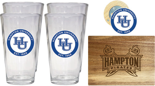 Hampton University Officially Licensed Kitchen Gift Pack - Engraved Wood Cutting Board, 4 Pint Glasses & Magnetic Bottle Opener 
