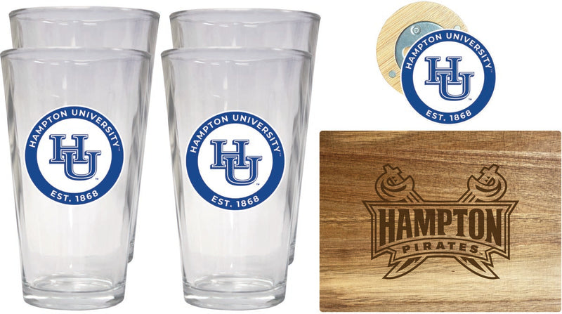 Hampton University Officially Licensed Kitchen Gift Pack - Engraved Wood Cutting Board, 4 Pint Glasses & Magnetic Bottle Opener 
