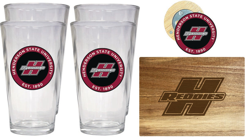 Henderson State Reddies Officially Licensed Kitchen Gift Pack - Engraved Wood Cutting Board, 4 Pint Glasses & Magnetic Bottle Opener 