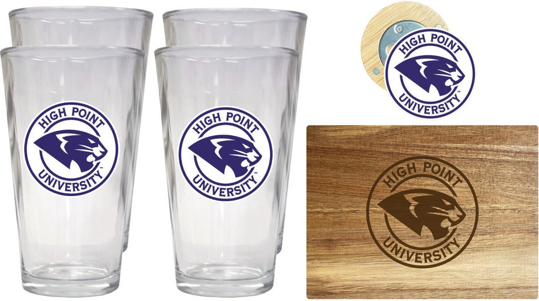 High Point University Officially Licensed Kitchen Gift Pack - Engraved Wood Cutting Board, 4 Pint Glasses & Magnetic Bottle Opener 