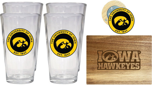 Iowa Hawkeyes Officially Licensed Kitchen Gift Pack - Engraved Wood Cutting Board, 4 Pint Glasses & Magnetic Bottle Opener 