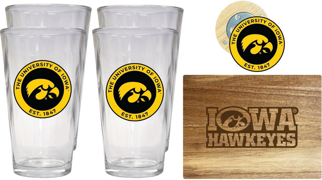 Iowa Hawkeyes Officially Licensed Kitchen Gift Pack - Engraved Wood Cutting Board, 4 Pint Glasses & Magnetic Bottle Opener 