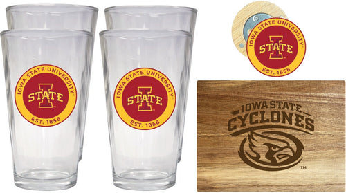 Iowa State Cyclones Officially Licensed Kitchen Gift Pack - Engraved Wood Cutting Board, 4 Pint Glasses & Magnetic Bottle Opener 
