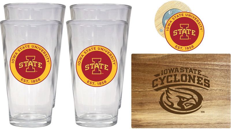 Iowa State Cyclones Officially Licensed Kitchen Gift Pack - Engraved Wood Cutting Board, 4 Pint Glasses & Magnetic Bottle Opener 