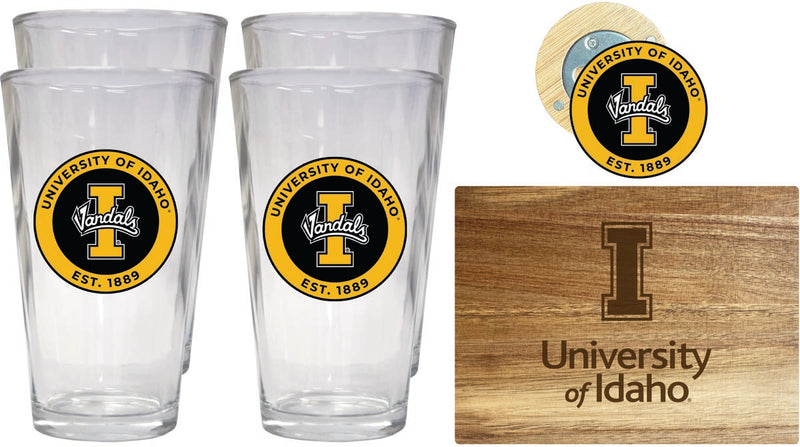 Idaho Vandals Officially Licensed Kitchen Gift Pack - Engraved Wood Cutting Board, 4 Pint Glasses & Magnetic Bottle Opener 