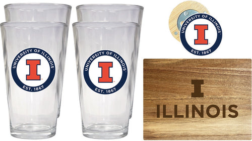 Illinois Fighting Illini Officially Licensed Kitchen Gift Pack - Engraved Wood Cutting Board, 4 Pint Glasses & Magnetic Bottle Opener 