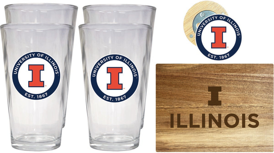 Illinois Fighting Illini Officially Licensed Kitchen Gift Pack - Engraved Wood Cutting Board, 4 Pint Glasses & Magnetic Bottle Opener 