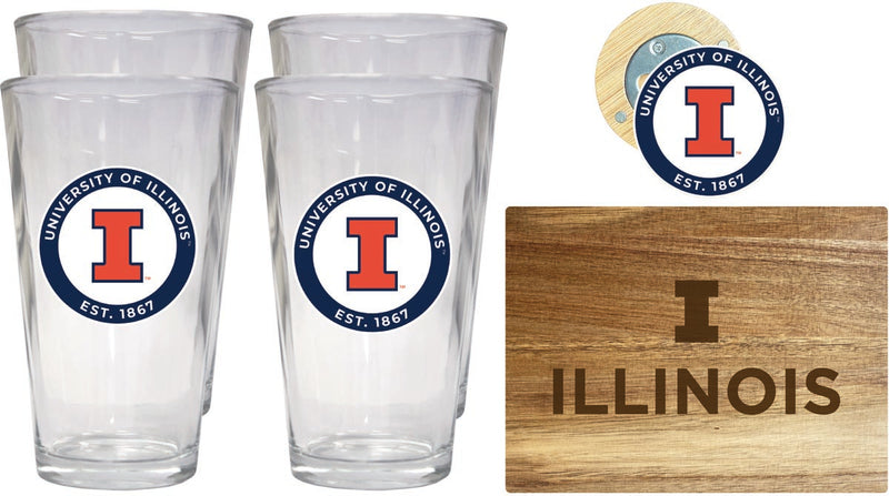 Illinois Fighting Illini Officially Licensed Kitchen Gift Pack - Engraved Wood Cutting Board, 4 Pint Glasses & Magnetic Bottle Opener 