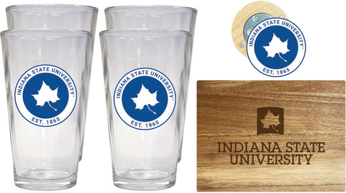 Indiana State University Officially Licensed Kitchen Gift Pack - Engraved Wood Cutting Board, 4 Pint Glasses & Magnetic Bottle Opener 