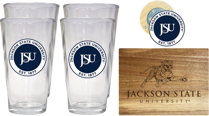 Jackson State University Officially Licensed Kitchen Gift Pack - Engraved Wood Cutting Board, 4 Pint Glasses & Magnetic Bottle Opener 