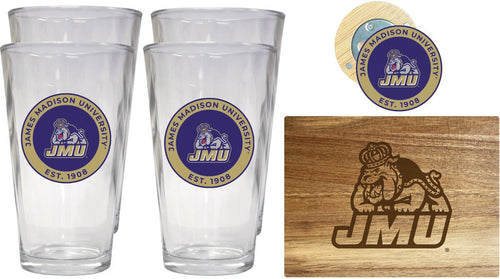 James Madison Dukes Officially Licensed Kitchen Gift Pack - Engraved Wood Cutting Board, 4 Pint Glasses & Magnetic Bottle Opener 