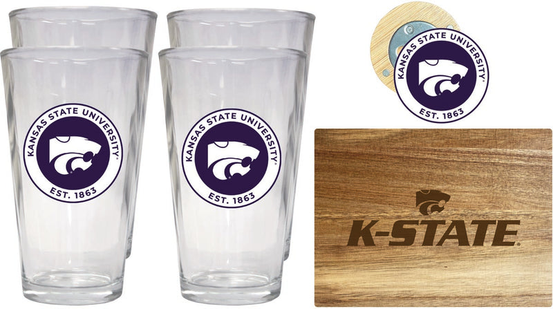 Kansas State Wildcats Officially Licensed Kitchen Gift Pack - Engraved Wood Cutting Board, 4 Pint Glasses & Magnetic Bottle Opener 