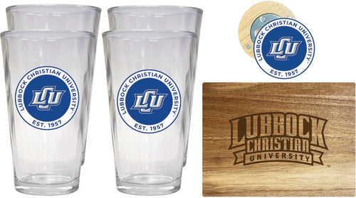 Lubbock Christian University Chaparral Officially Licensed Kitchen Gift Pack - Engraved Wood Cutting Board, 4 Pint Glasses & Magnetic Bottle Opener 