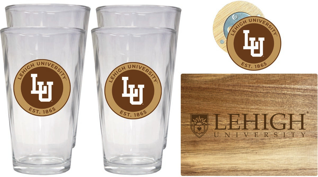 Lehigh University Mountain Hawks Officially Licensed Kitchen Gift Pack - Engraved Wood Cutting Board, 4 Pint Glasses & Magnetic Bottle Opener 