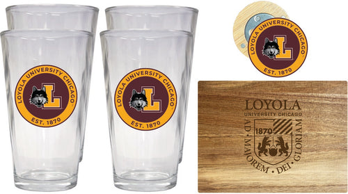 Loyola University Ramblers Officially Licensed Kitchen Gift Pack - Engraved Wood Cutting Board, 4 Pint Glasses & Magnetic Bottle Opener 