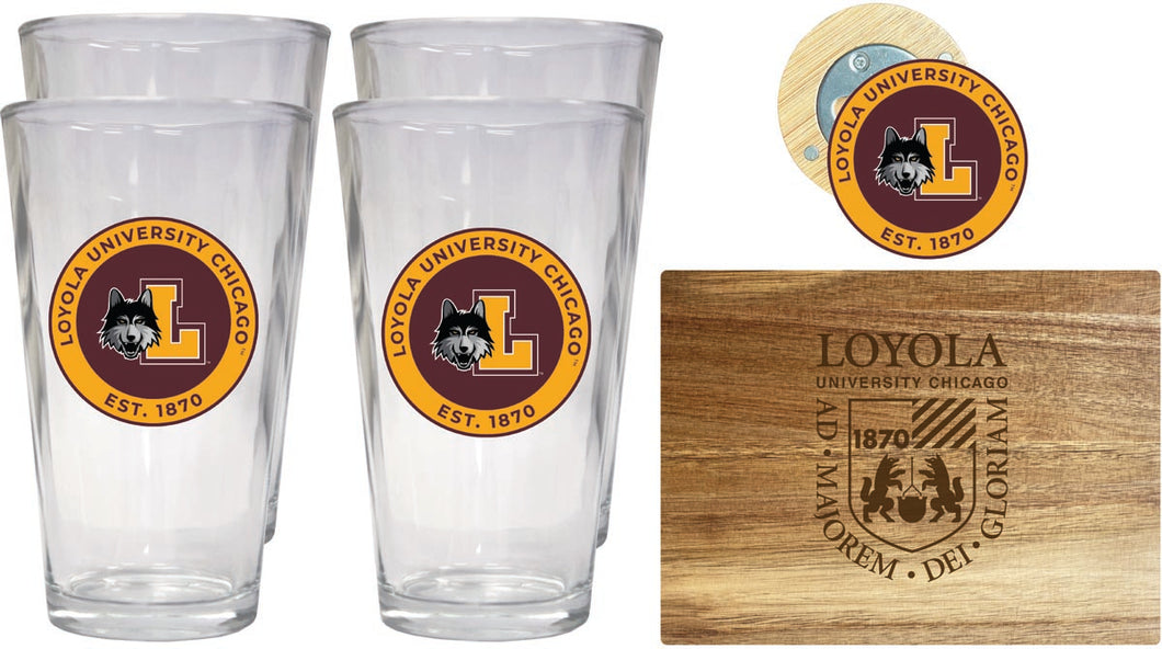 Loyola University Ramblers Officially Licensed Kitchen Gift Pack - Engraved Wood Cutting Board, 4 Pint Glasses & Magnetic Bottle Opener 