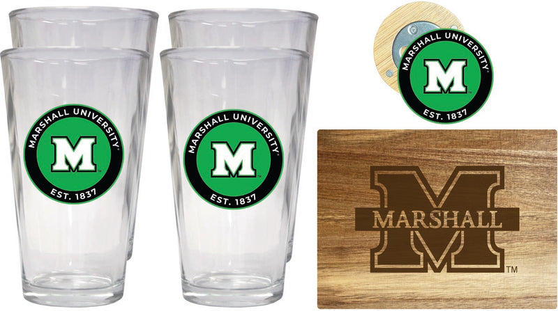 Marshall Thundering Herd Officially Licensed Kitchen Gift Pack - Engraved Wood Cutting Board, 4 Pint Glasses & Magnetic Bottle Opener 