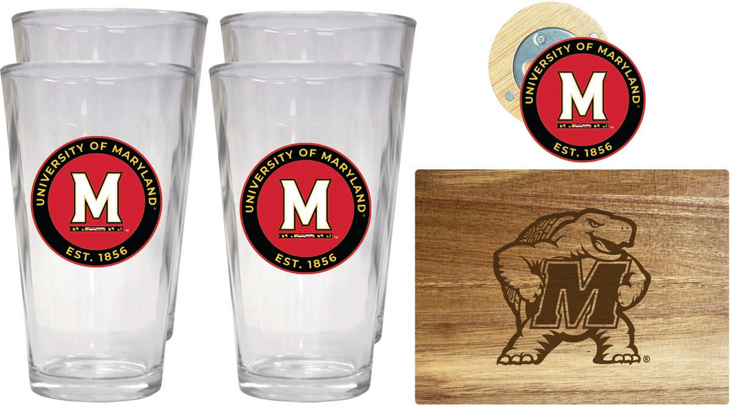 Maryland Terrapins Officially Licensed Kitchen Gift Pack - Engraved Wood Cutting Board, 4 Pint Glasses & Magnetic Bottle Opener 