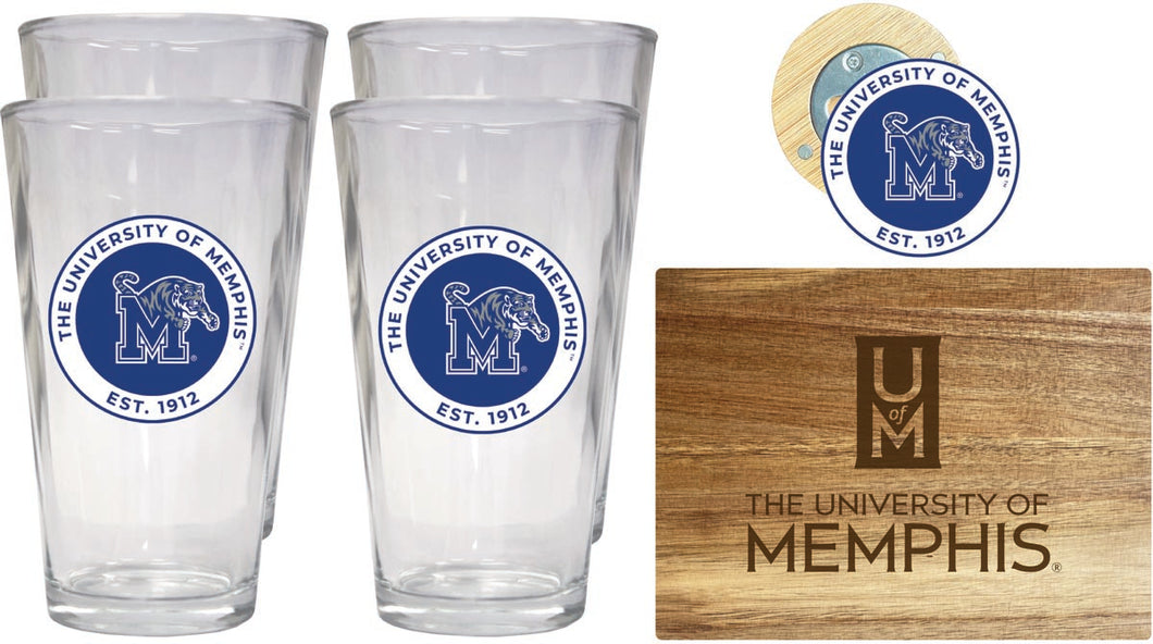 Memphis Tigers Officially Licensed Kitchen Gift Pack - Engraved Wood Cutting Board, 4 Pint Glasses & Magnetic Bottle Opener 