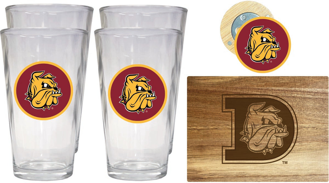 Minnesota Duluth Bulldogs Officially Licensed Kitchen Gift Pack - Engraved Wood Cutting Board, 4 Pint Glasses & Magnetic Bottle Opener 