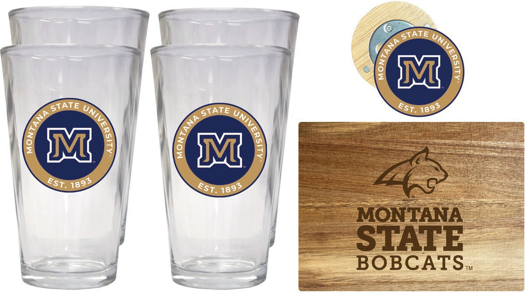 Montana State Bobcats Officially Licensed Kitchen Gift Pack - Engraved Wood Cutting Board, 4 Pint Glasses & Magnetic Bottle Opener 