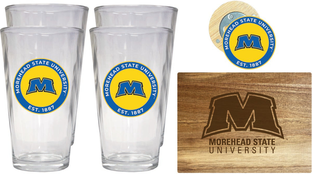 Morehead State University Officially Licensed Kitchen Gift Pack - Engraved Wood Cutting Board, 4 Pint Glasses & Magnetic Bottle Opener 