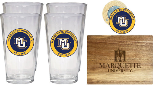 Marquette Golden Eagles Officially Licensed Kitchen Gift Pack - Engraved Wood Cutting Board, 4 Pint Glasses & Magnetic Bottle Opener 