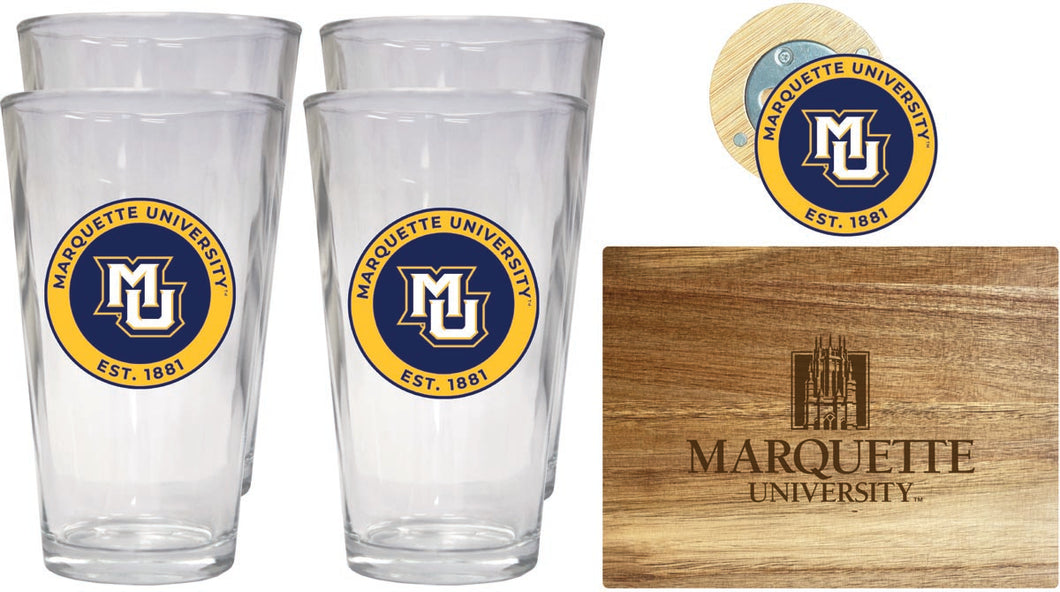 Marquette Golden Eagles Officially Licensed Kitchen Gift Pack - Engraved Wood Cutting Board, 4 Pint Glasses & Magnetic Bottle Opener 