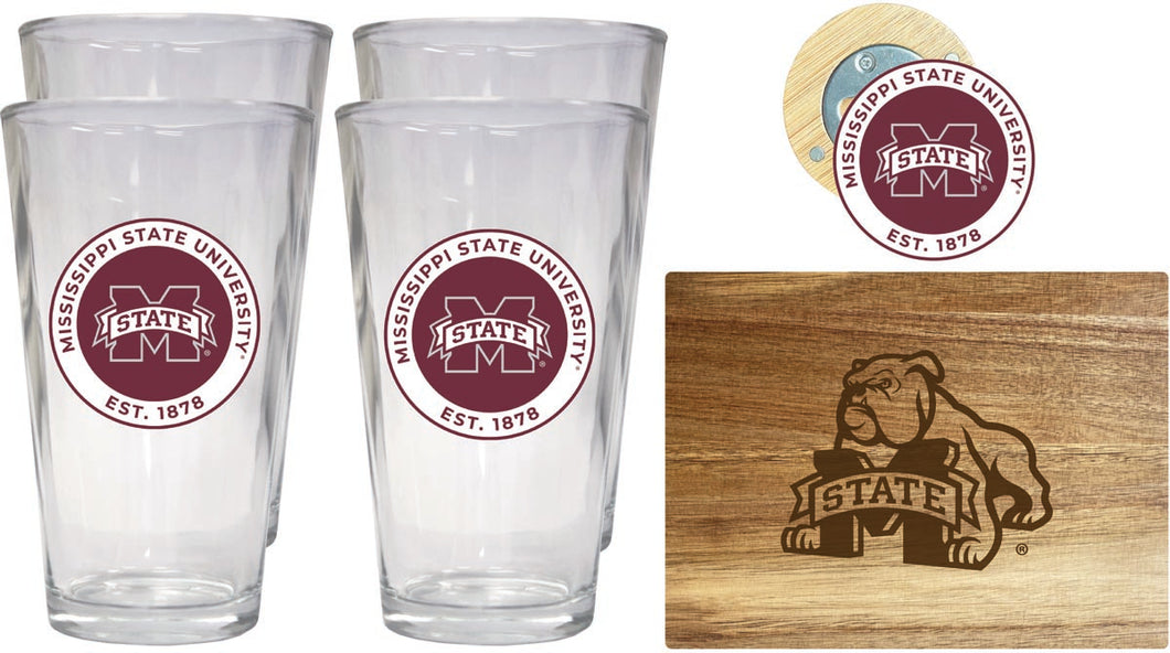 Mississippi State Bulldogs Officially Licensed Kitchen Gift Pack - Engraved Wood Cutting Board, 4 Pint Glasses & Magnetic Bottle Opener 
