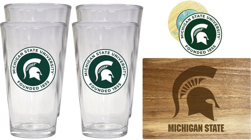 Michigan State Spartans Officially Licensed Kitchen Gift Pack - Engraved Wood Cutting Board, 4 Pint Glasses & Magnetic Bottle Opener 