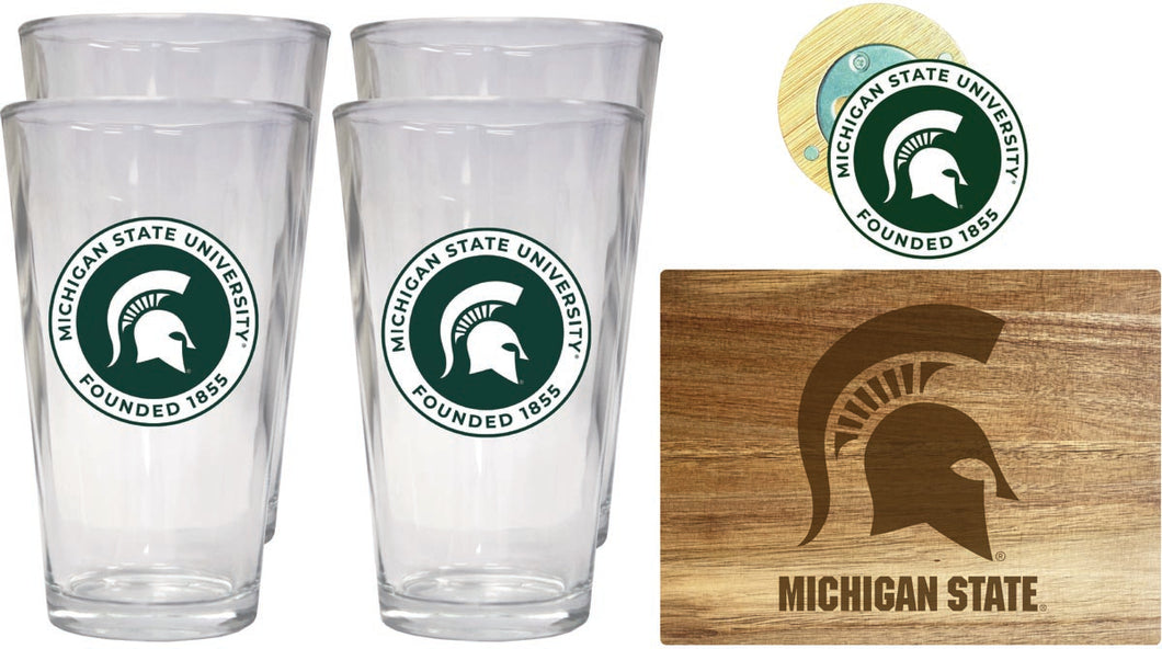 Michigan State Spartans Officially Licensed Kitchen Gift Pack - Engraved Wood Cutting Board, 4 Pint Glasses & Magnetic Bottle Opener 