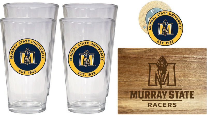 Murray State University Officially Licensed Kitchen Gift Pack - Engraved Wood Cutting Board, 4 Pint Glasses & Magnetic Bottle Opener 
