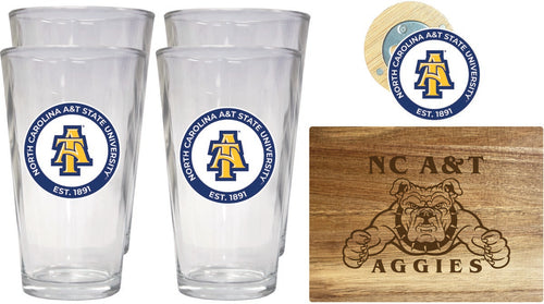 North Carolina A&T State Aggies Officially Licensed Kitchen Gift Pack - Engraved Wood Cutting Board, 4 Pint Glasses & Magnetic Bottle Opener 