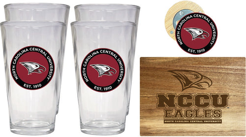 North Carolina Central Eagles Officially Licensed Kitchen Gift Pack - Engraved Wood Cutting Board, 4 Pint Glasses & Magnetic Bottle Opener 