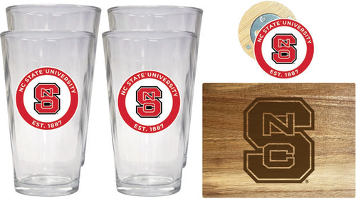 NC State Wolfpack Officially Licensed Kitchen Gift Pack - Engraved Wood Cutting Board, 4 Pint Glasses & Magnetic Bottle Opener 