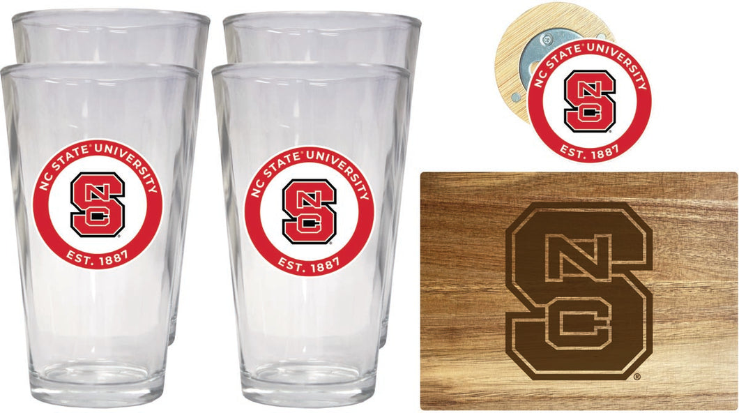 NC State Wolfpack Officially Licensed Kitchen Gift Pack - Engraved Wood Cutting Board, 4 Pint Glasses & Magnetic Bottle Opener 