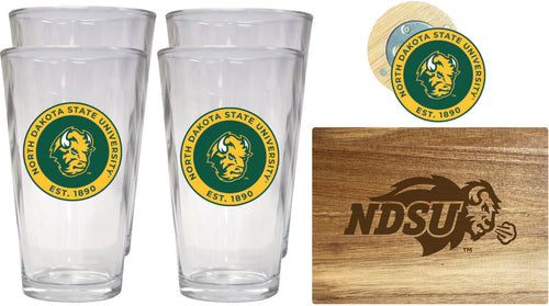 North Dakota State Bison Officially Licensed Kitchen Gift Pack - Engraved Wood Cutting Board, 4 Pint Glasses & Magnetic Bottle Opener 