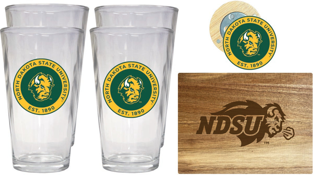 North Dakota State Bison Officially Licensed Kitchen Gift Pack - Engraved Wood Cutting Board, 4 Pint Glasses & Magnetic Bottle Opener 