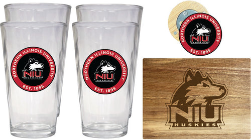 Northern Illinois Huskies Officially Licensed Kitchen Gift Pack - Engraved Wood Cutting Board, 4 Pint Glasses & Magnetic Bottle Opener 