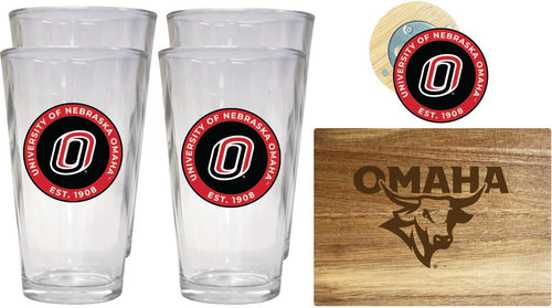 Nebraska at Omaha Officially Licensed Kitchen Gift Pack - Engraved Wood Cutting Board, 4 Pint Glasses & Magnetic Bottle Opener 